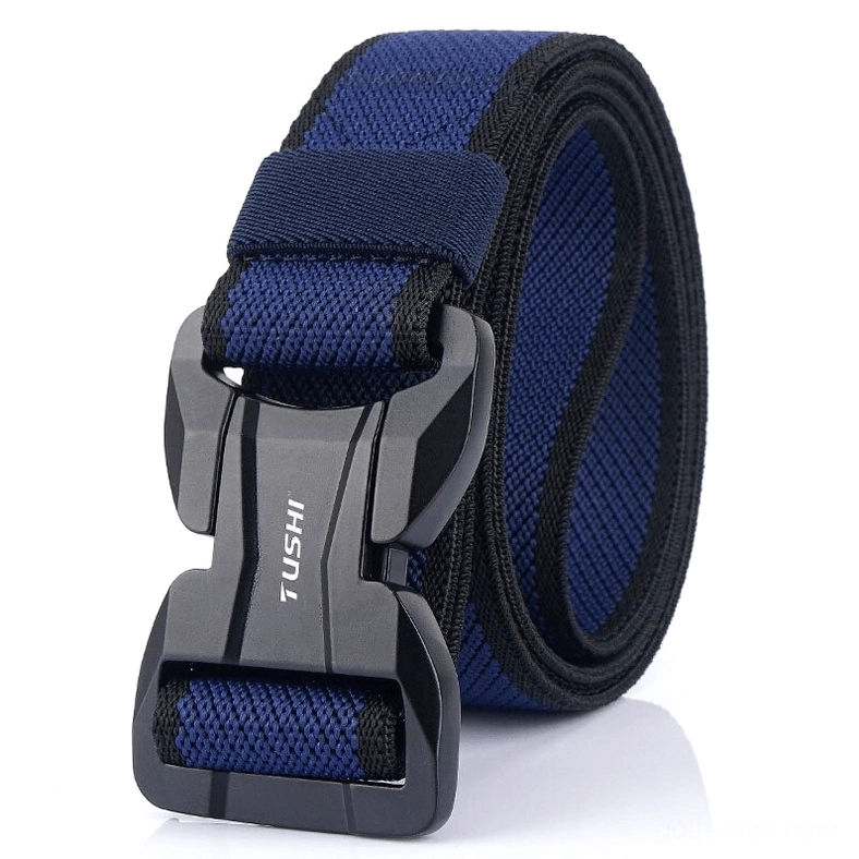 Blue and black two-tone tactical belt with quick-release mechanism, cyberpunk style side view