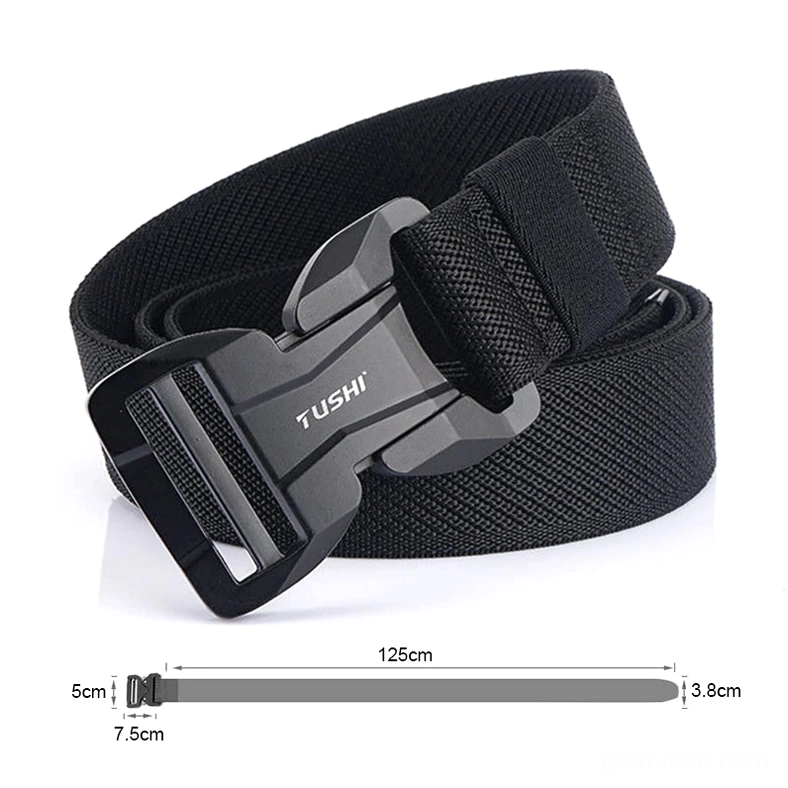 Sized black tactical belt displaying 125cm total length with measurement markers and size reference