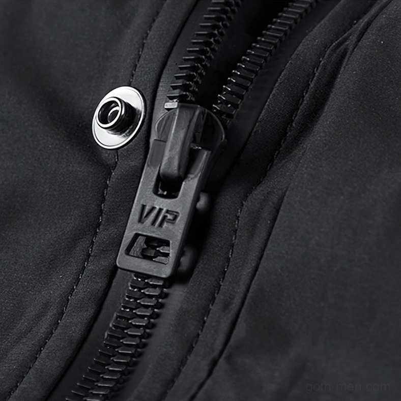 Premium VIP branded zipper and snap fastener detail on goth tactical bomber jacket - metal hardware close-up