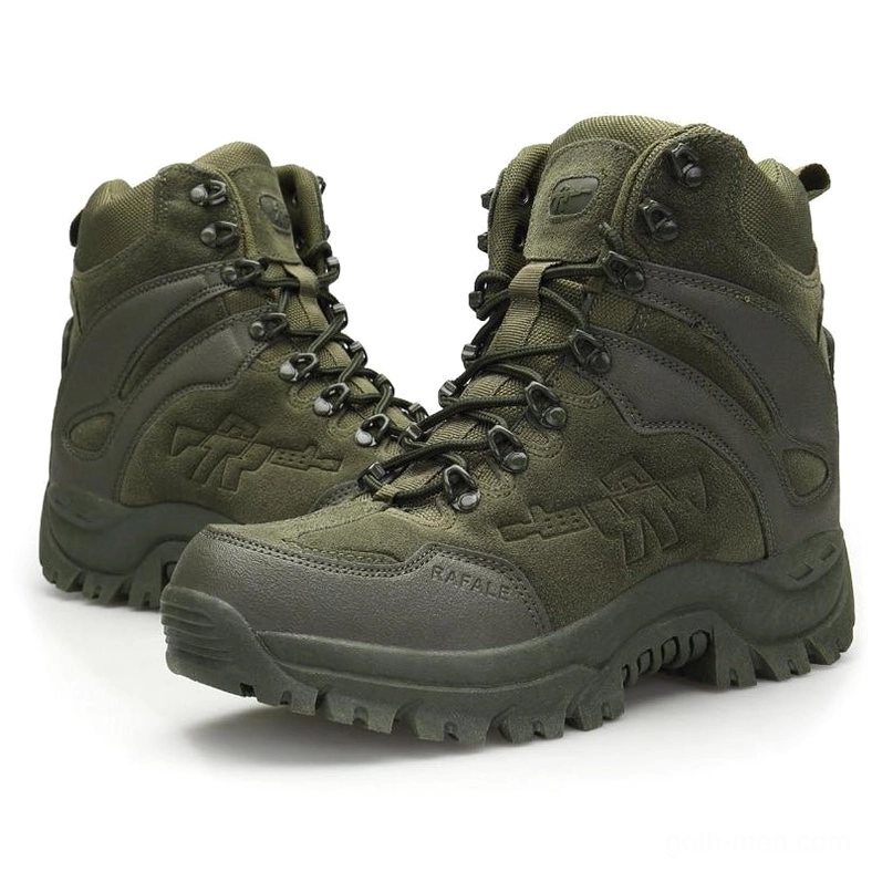 Heavy duty tactical combat boots showcasing wide toe box and aggressive tread pattern front view