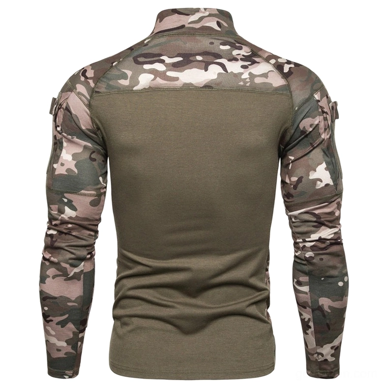 Back view of tactical sweatshirt showing camouflage upper section and solid olive lower panel with seam details