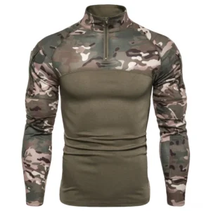 Olive green military tactical sweatshirt with solid front panel and digital camouflage sleeve pattern, front facing