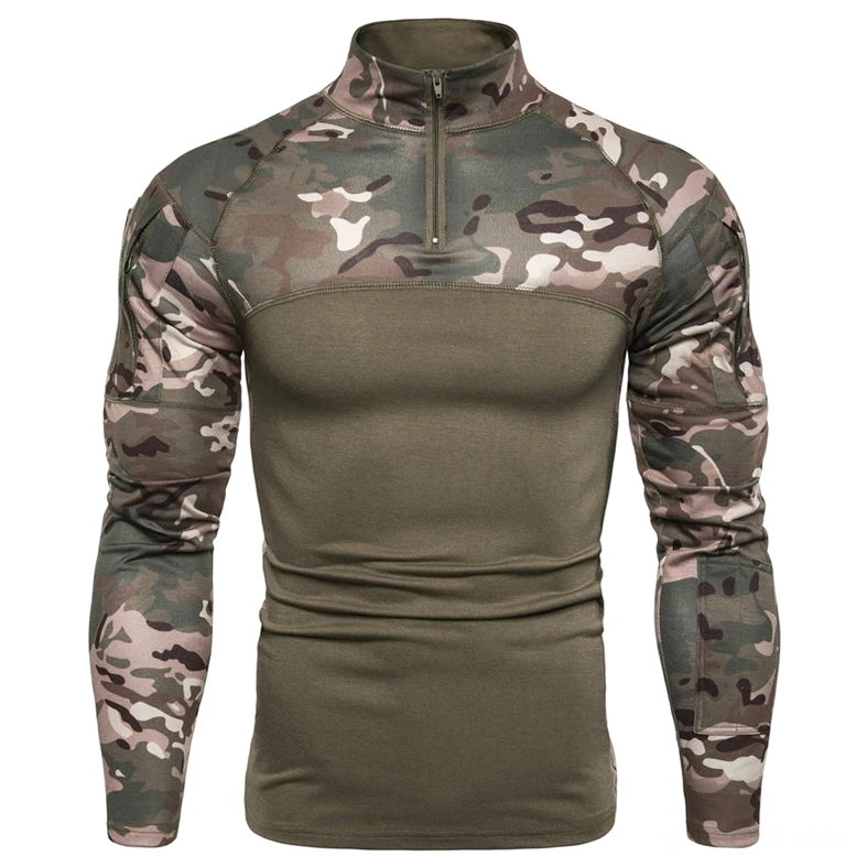Olive green military tactical sweatshirt with solid front panel and digital camouflage sleeve pattern, front facing