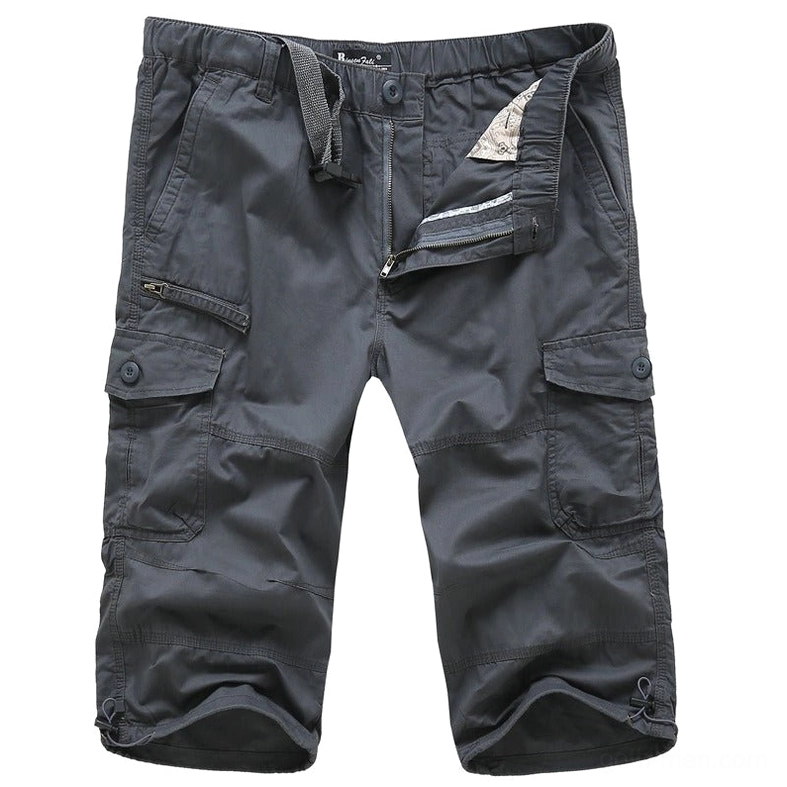 Flat lay display of grey cargo capri shorts showing zipper fly, adjustable waist strap, and reinforced pocket details