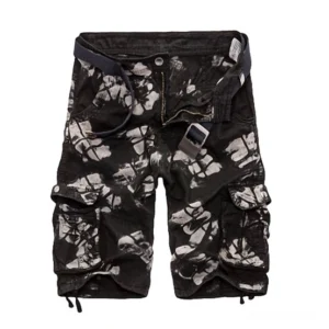 Tactical cargo shorts flat lay front view - tie-dye camo pattern with multiple cargo pockets and drawstring hem