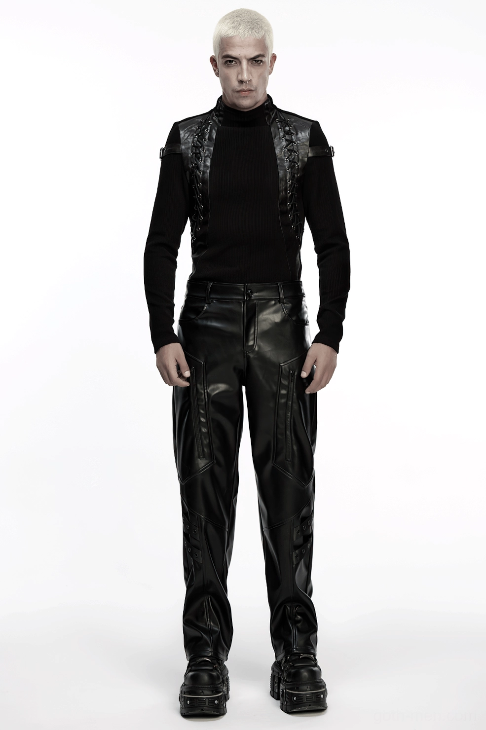 Black tactical faux leather pants fit demonstration on model various angles