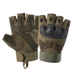 Multiple sizes of gothic half-finger tactical gloves flat lay display, showing medium large and extra large options in army green and black colorways