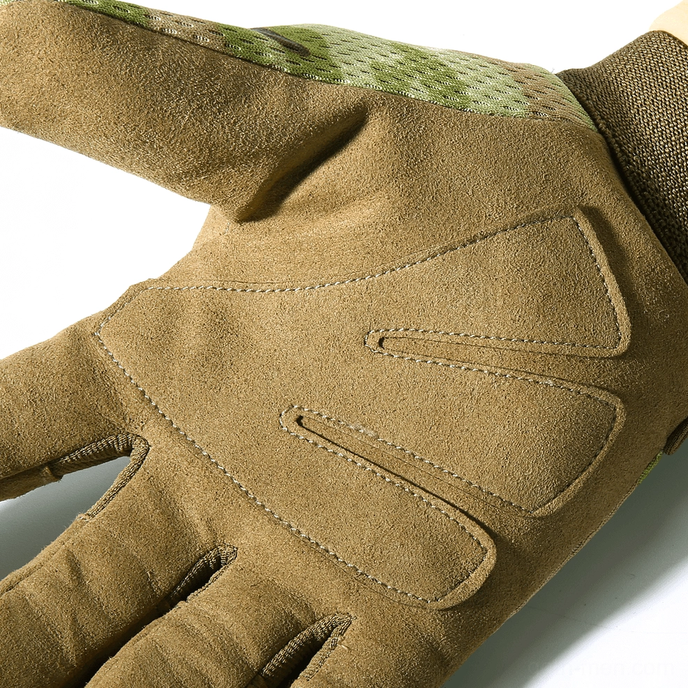 Close-up detail of tactical glove suede palm with stitched padding for enhanced anti-slip performance