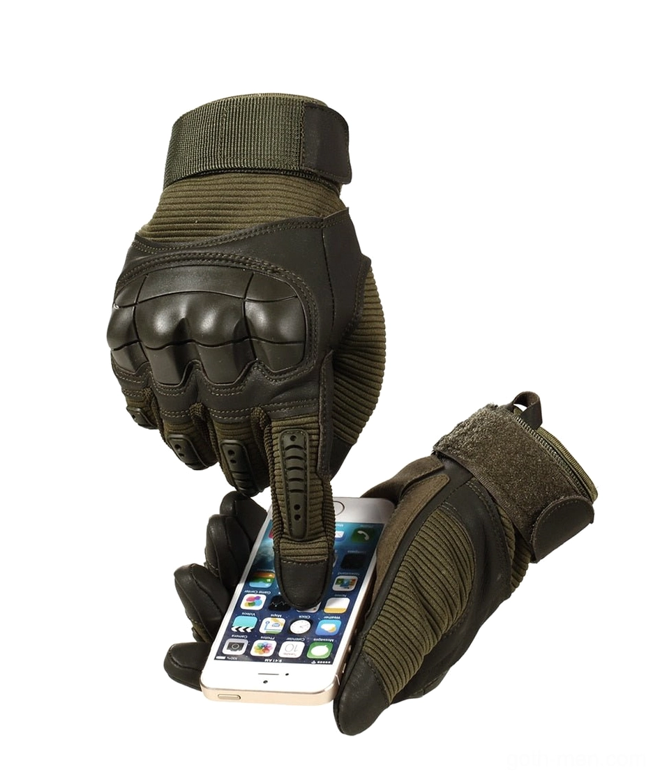 Tactical combat gloves construction detail showing PU leather knuckle armor, wrist strap, and reinforced stitching