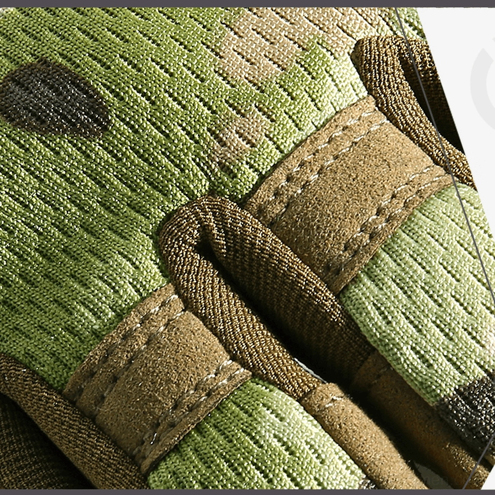 Flat lay showing camouflage woven fabric construction and suede reinforced strap assembly