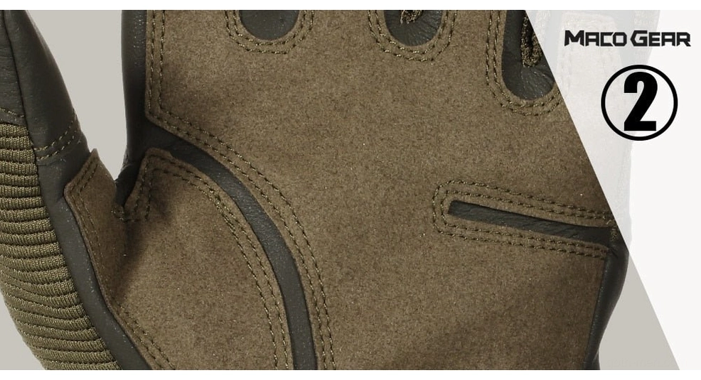 Tactical combat glove close-up showing brown suede fabric construction, ribbed stretch panels, and professional tactical detail