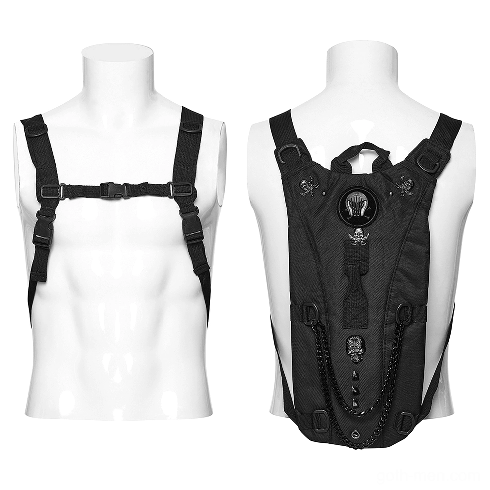 Black tactical backpack with skull badges and webbing straps displayed on two male mannequins, front and back comparison view