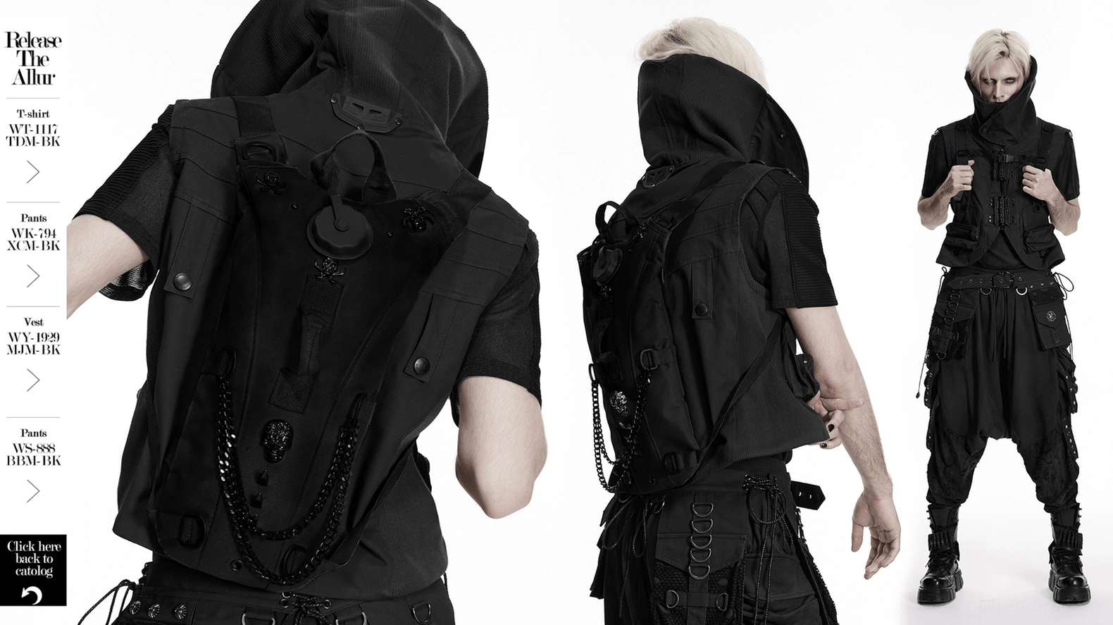 Tactical gothic backpack worn on model demonstrating fit, chain placement, and how skull badges and studs create dramatic visual impact