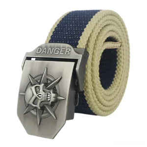 Tactical gothic belt with navy blue and beige webbing featuring spiked metal skull buckle - military style punk fashion