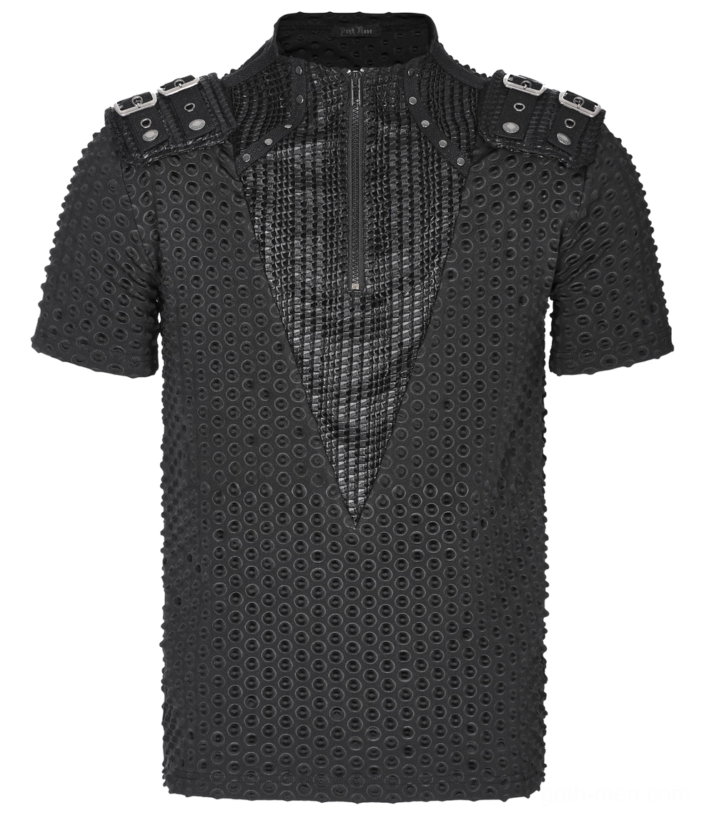 Black mesh tactical tee front flat lay detail, showcasing half-zip closure and riveted shoulder straps