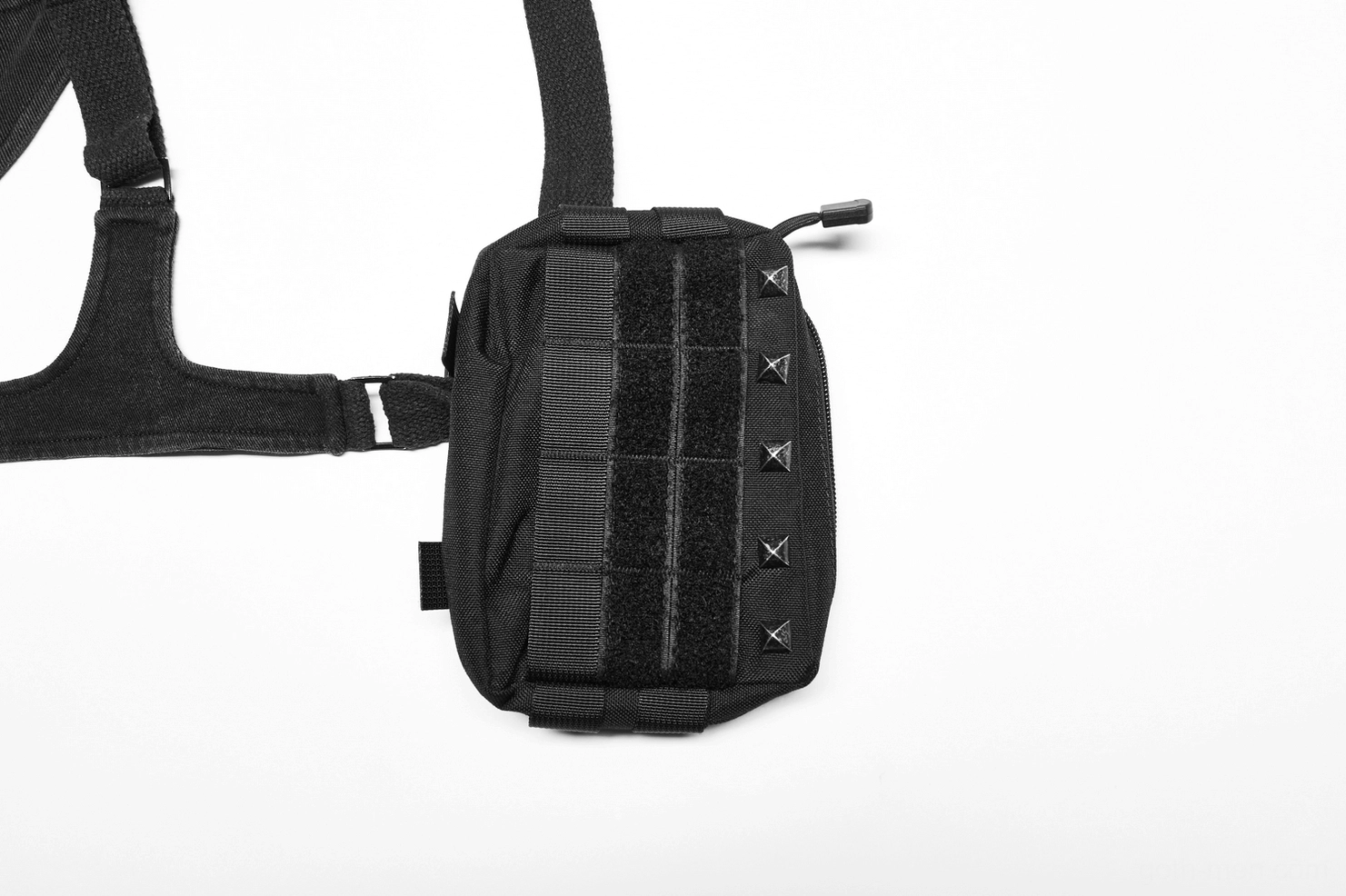 Tactical crossbody harness construction detail, twill fabric texture and seam quality