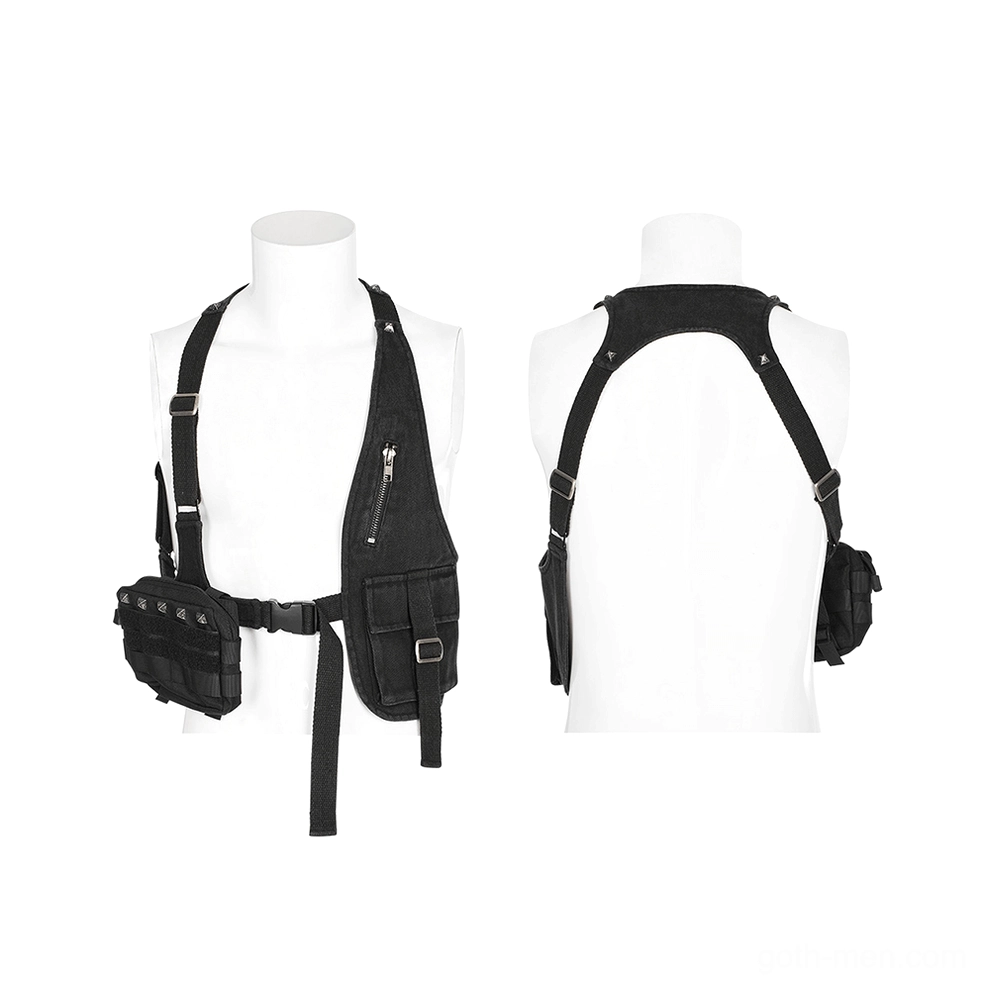Dual mannequin display front and back of asymmetric tactical bag vest, adjustable straps and detachable waist belt