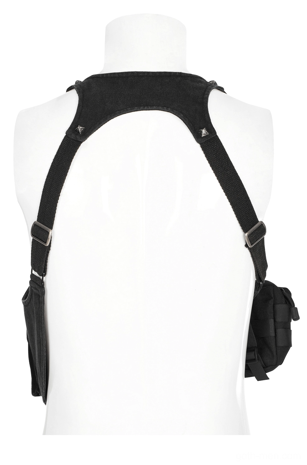 Rear view of tactical harness on mannequin, Y-shaped shoulder straps and attached side pouch configuration