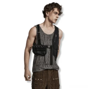 Gothic tactical harness side profile worn with cargo pants and tank top, showing Y-shaped straps and utility pockets
