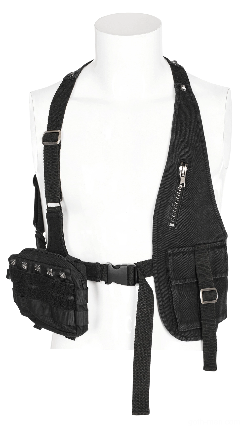 Front mannequin display of gothic tactical crossbody harness, multiple utility pouches and metal slide adjusters