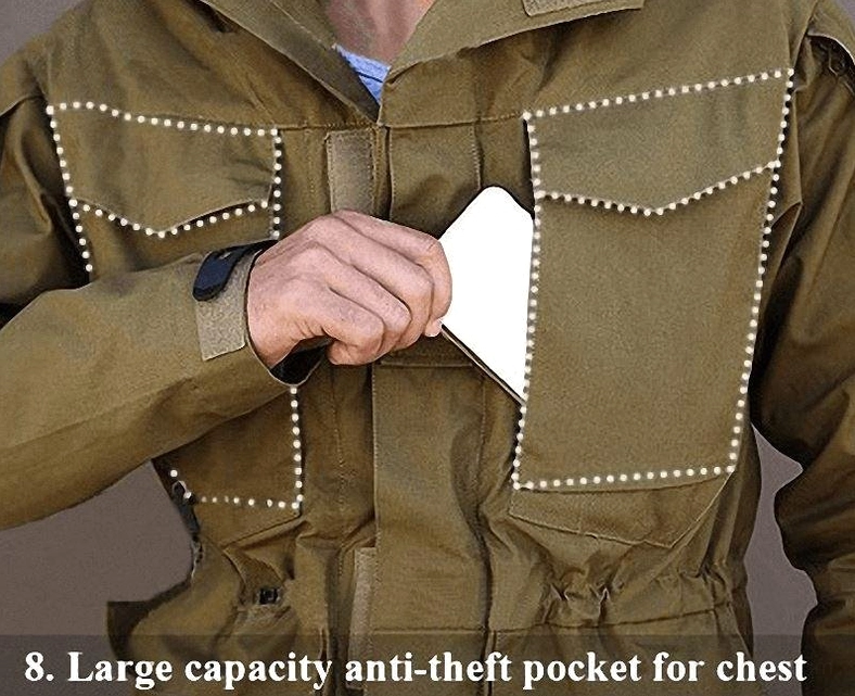 Close-up detail of large anti-theft chest pocket on army green tactical jacket showing reinforced stitching