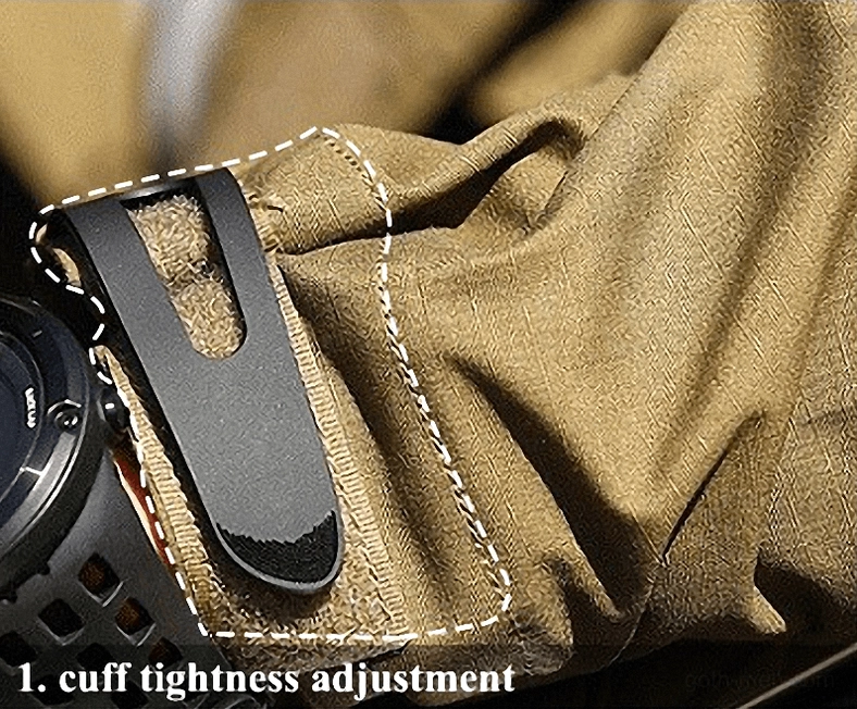 Cuff adjustment strap with hook-and-loop fastener on tactical jacket showing tightness control detail