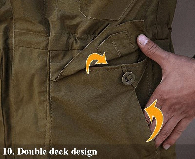 Double-deck lower pocket with buttoned flap structure on tactical military windbreaker side view