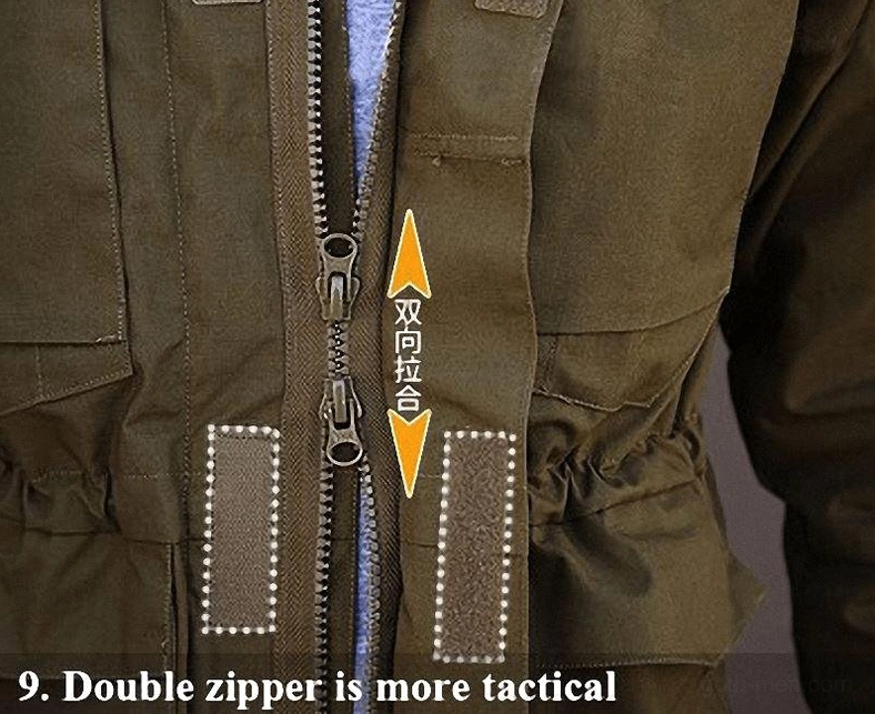 Dual-way tactical zipper system and military dual closure design on gothic tactical jacket detail