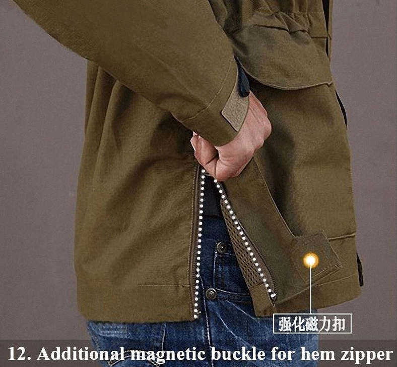 Magnetic buckle hem zipper closure on tactical jacket showing adjustable hem design detail