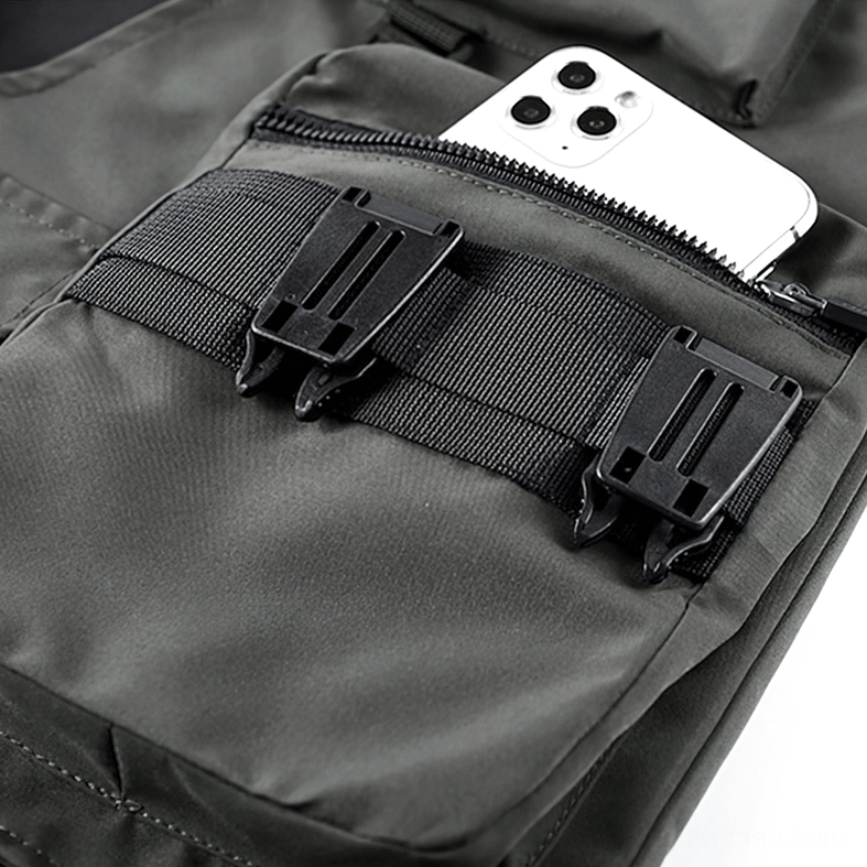 Dual-closure cargo pocket system featuring plastic buckles and zipper on tactical gothic shorts