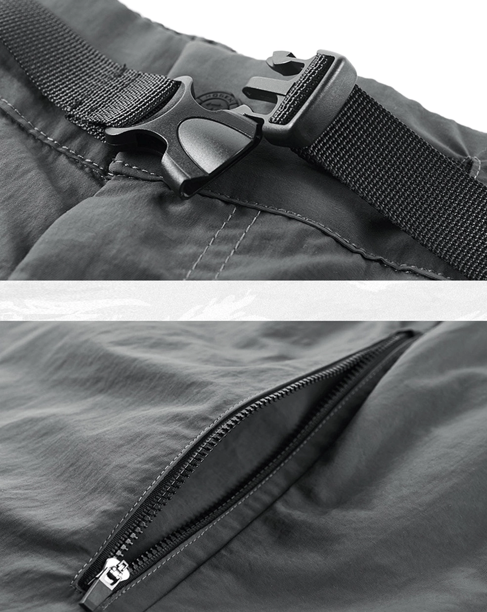 Close-up detail of dual waist strap buckles on tactical shorts with reinforced stitching and heavy-duty plastic construction