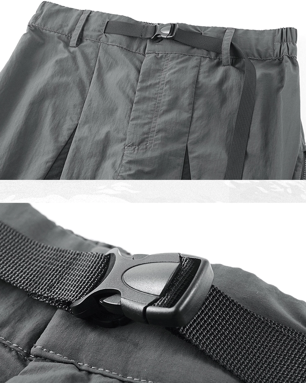 Side close-up detail of tactical cargo shorts adjustable waist belt with reinforced belt loops and buckle attachment