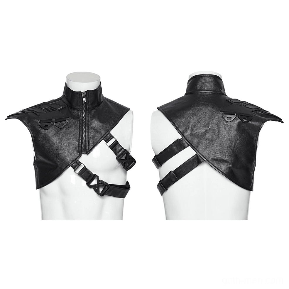 Industrial cyberpunk shoulder armor on mannequin showing front and rear, stand collar with zipper and adjustable webbing