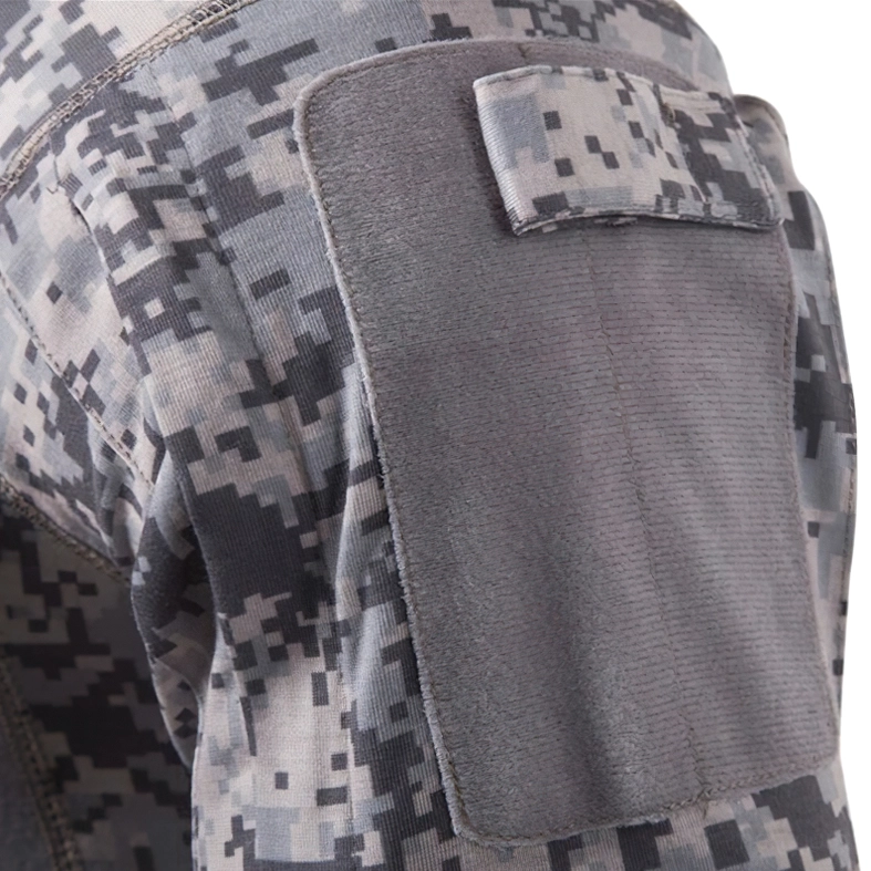 Close-up detail of black tactical sweatshirt collar and zipper construction with camo pattern