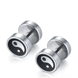 Gothic Tai Chi stud earrings side oblique angle, surgical grade stainless steel with mirror polish and clear yin yang symbol