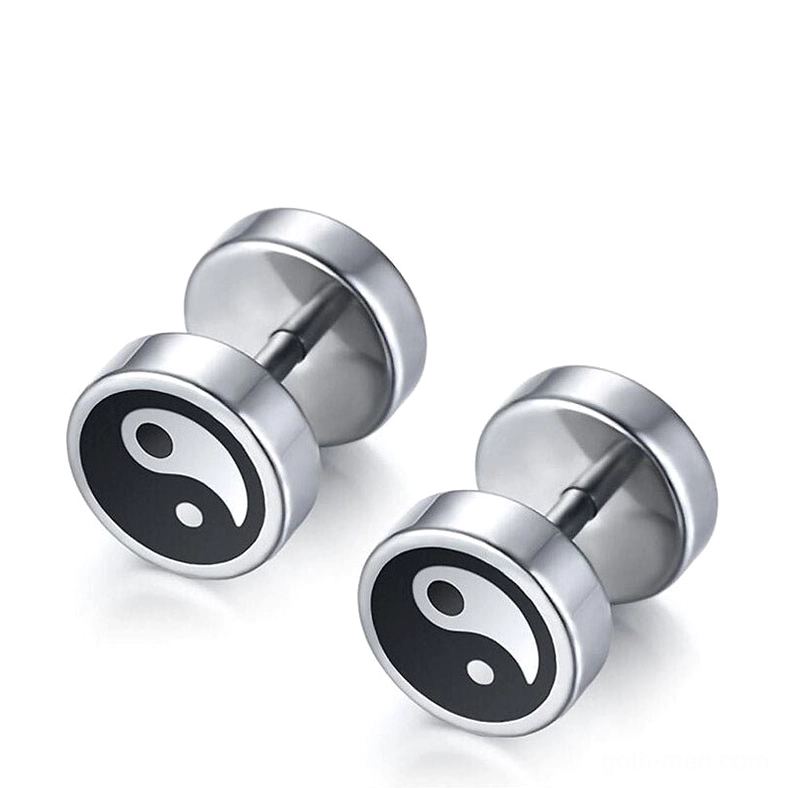 Gothic Tai Chi stud earrings side oblique angle, surgical grade stainless steel with mirror polish and clear yin yang symbol