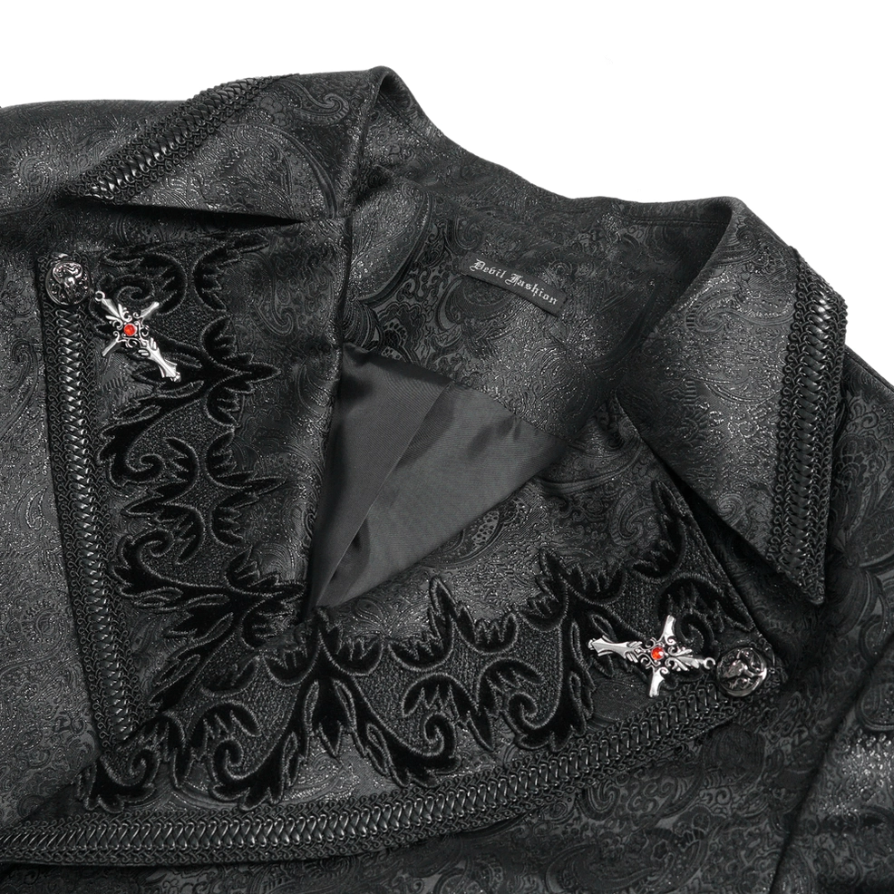 Close-up detail of gothic tailcoat collar and lapel - showing cross brooch, floral embroidery, and decorative zipper trim on dark background