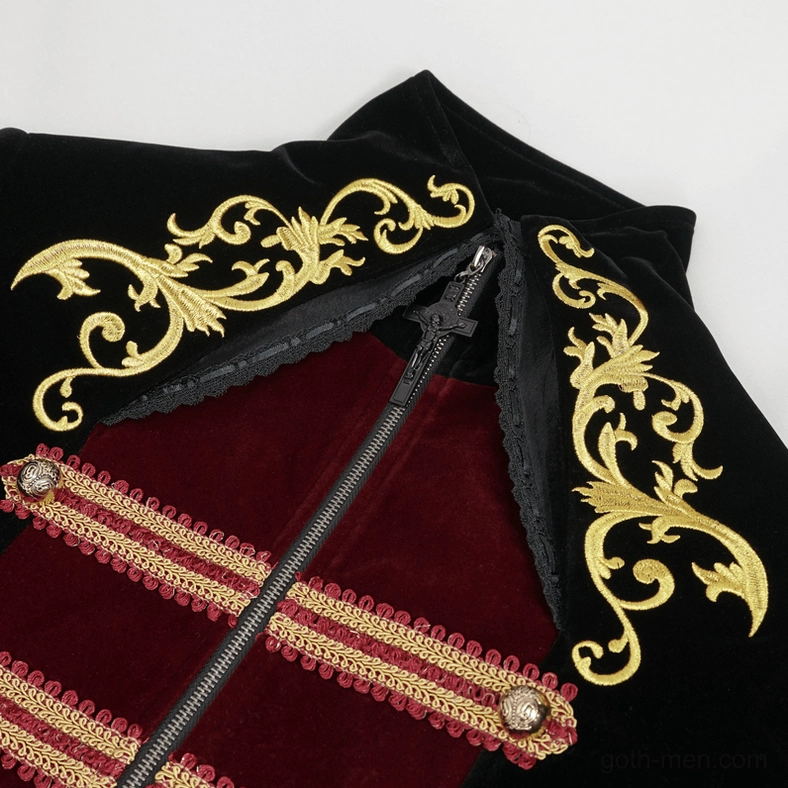 Close-up of tailcoat collar and metal zipper with gold braid trim and red velvet