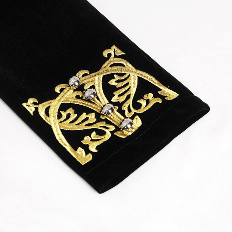 Gothic tailcoat cuff detail with baroque gold embroidery and metal decorative buttons