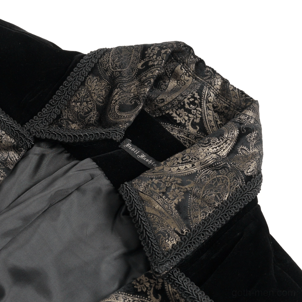 Close-up flat lay detail shot paisley embroidery satin lining braided trim tailcoat texture