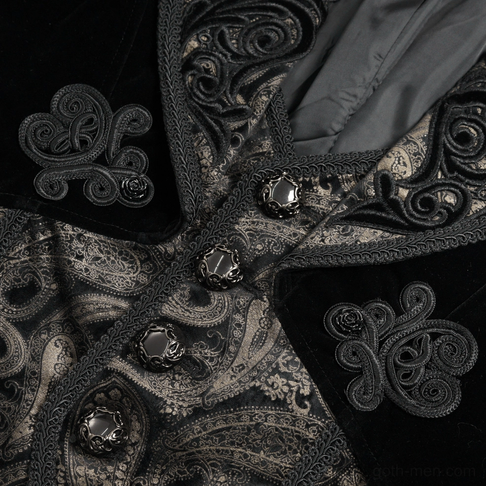 Close-up front detail ornate metal buttons baroque appliques tailcoat embellishment