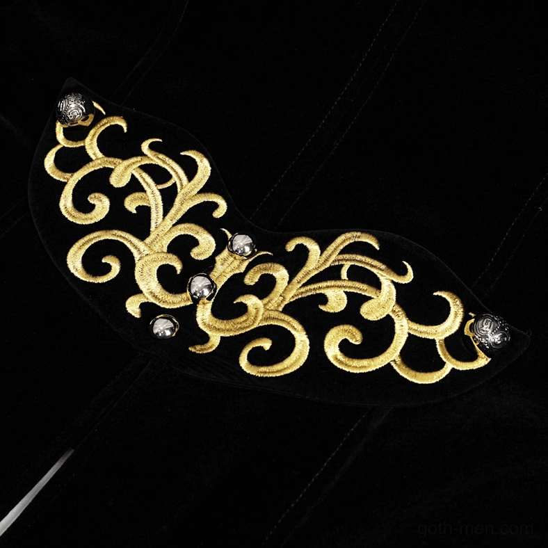 Tailcoat front placket close-up with gold floral embroidery metal buttons and black velvet