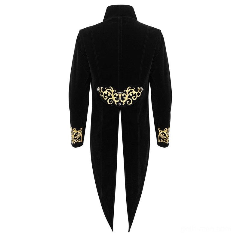 Tailcoat rear view displaying split long tail hem and gold embroidery on lower back