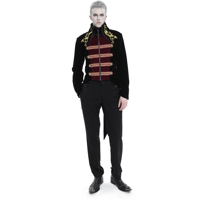Tailcoat with stand-up collar displaying gold embroidery craftsmanship and metal accents