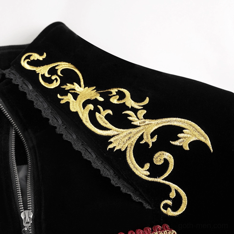 Tailcoat stand-up collar close-up showing gold scroll embroidery and lace inner trim