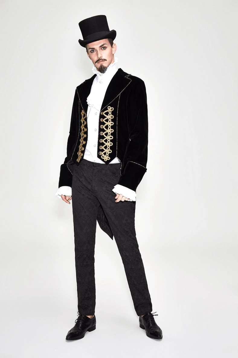 Upper body detail of black velvet tailcoat showing shoulder seams and notched lapel embroidery
