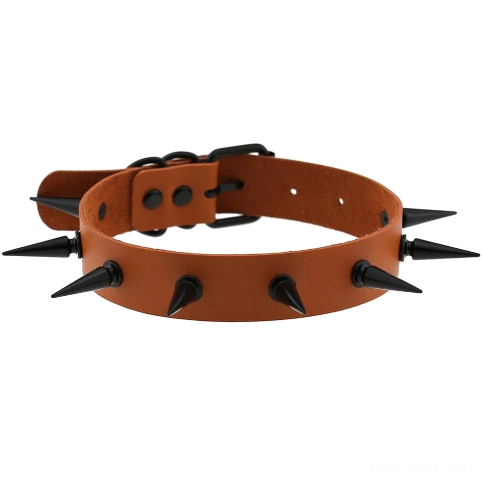 Tan brown leather spiked choker collar with matte black metal studs, top-down view