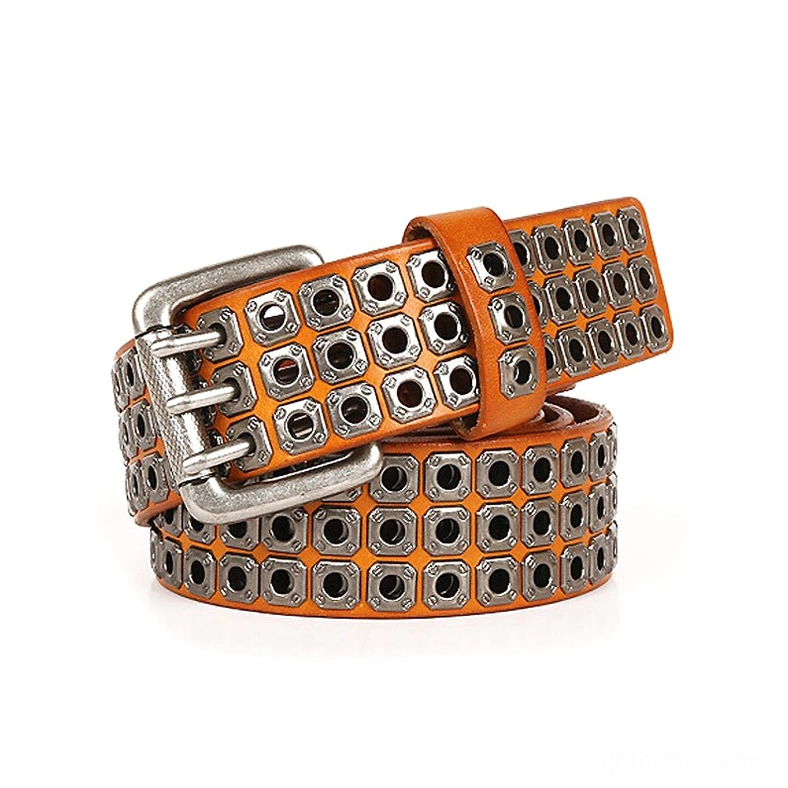 Tan brown gothic studded leather belt three-quarter view with square metal grommets