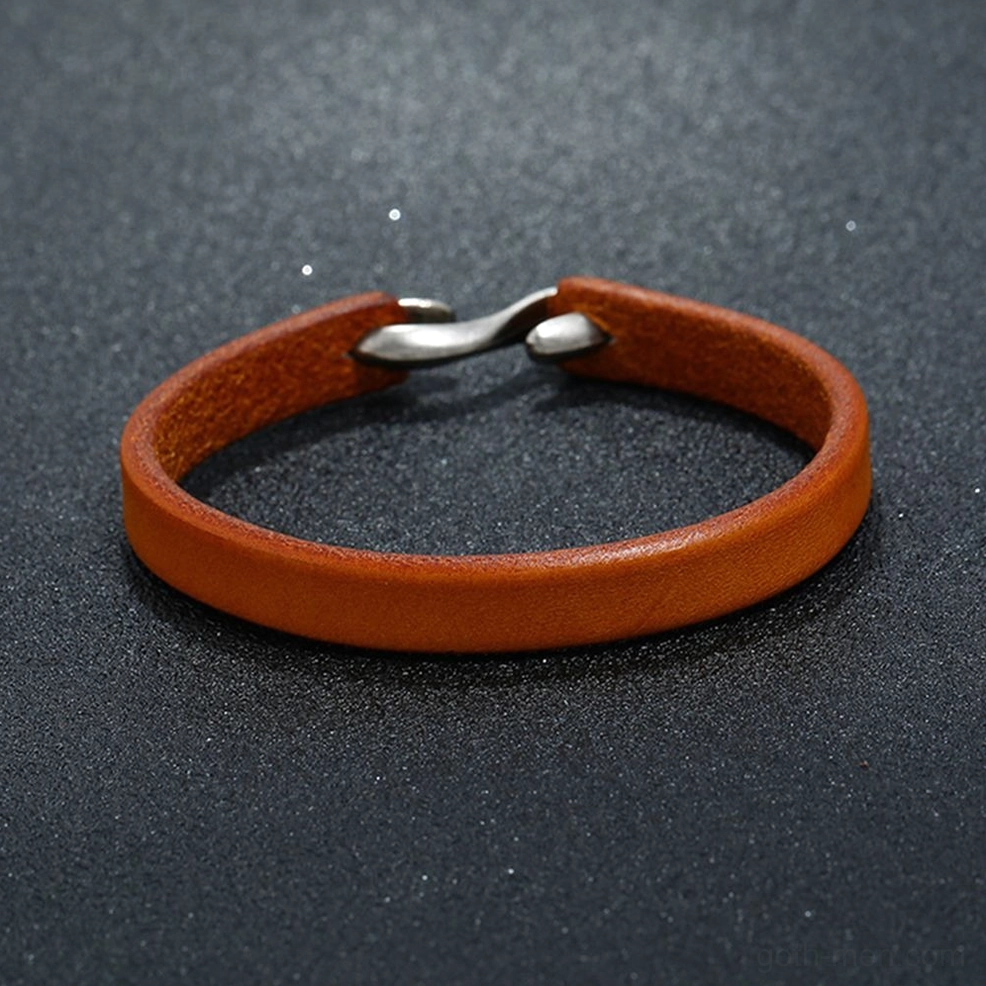 light tan genuine leather narrow cuff bracelet with dual-ended silver hook clasp - goth jewelry detail