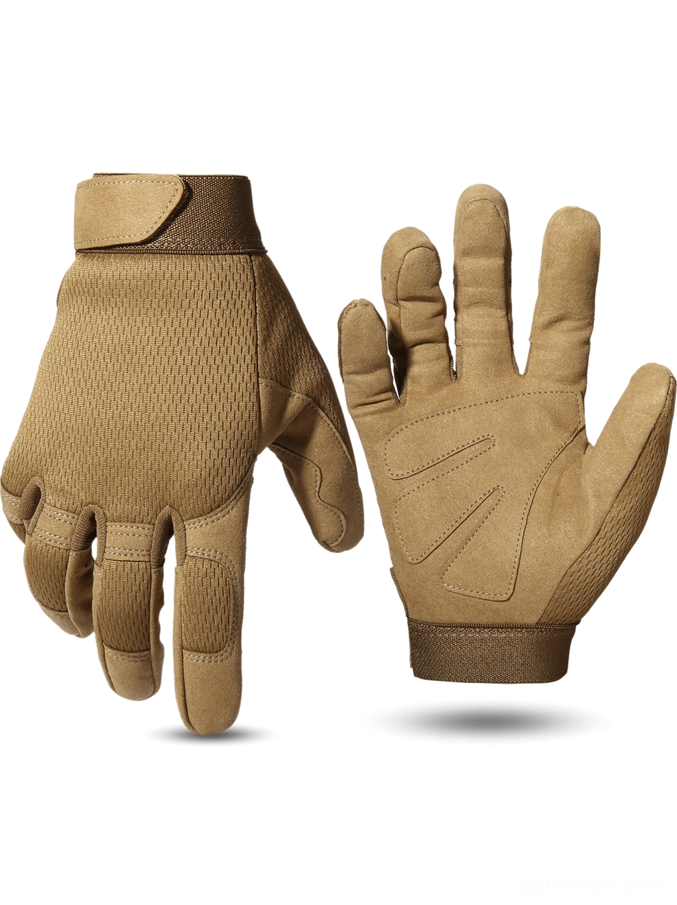 Tan khaki tactical gloves with adjustable hook-and-loop wrist strap closure